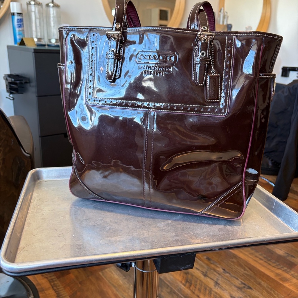 Coach Glossy Patent Leather Tote in Deep Burgundy